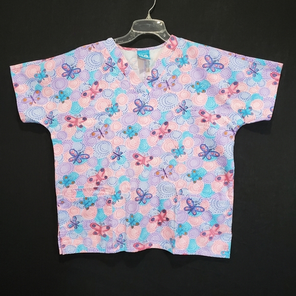 Scrub H.Q. Butterfly V-neck Print Scrub Top Size M - Picture 7 of 11